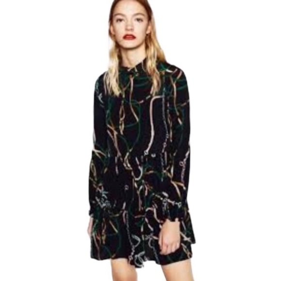 Zara Blue & Green Chain Link Collared Dress Size S - Picture 1 of 14